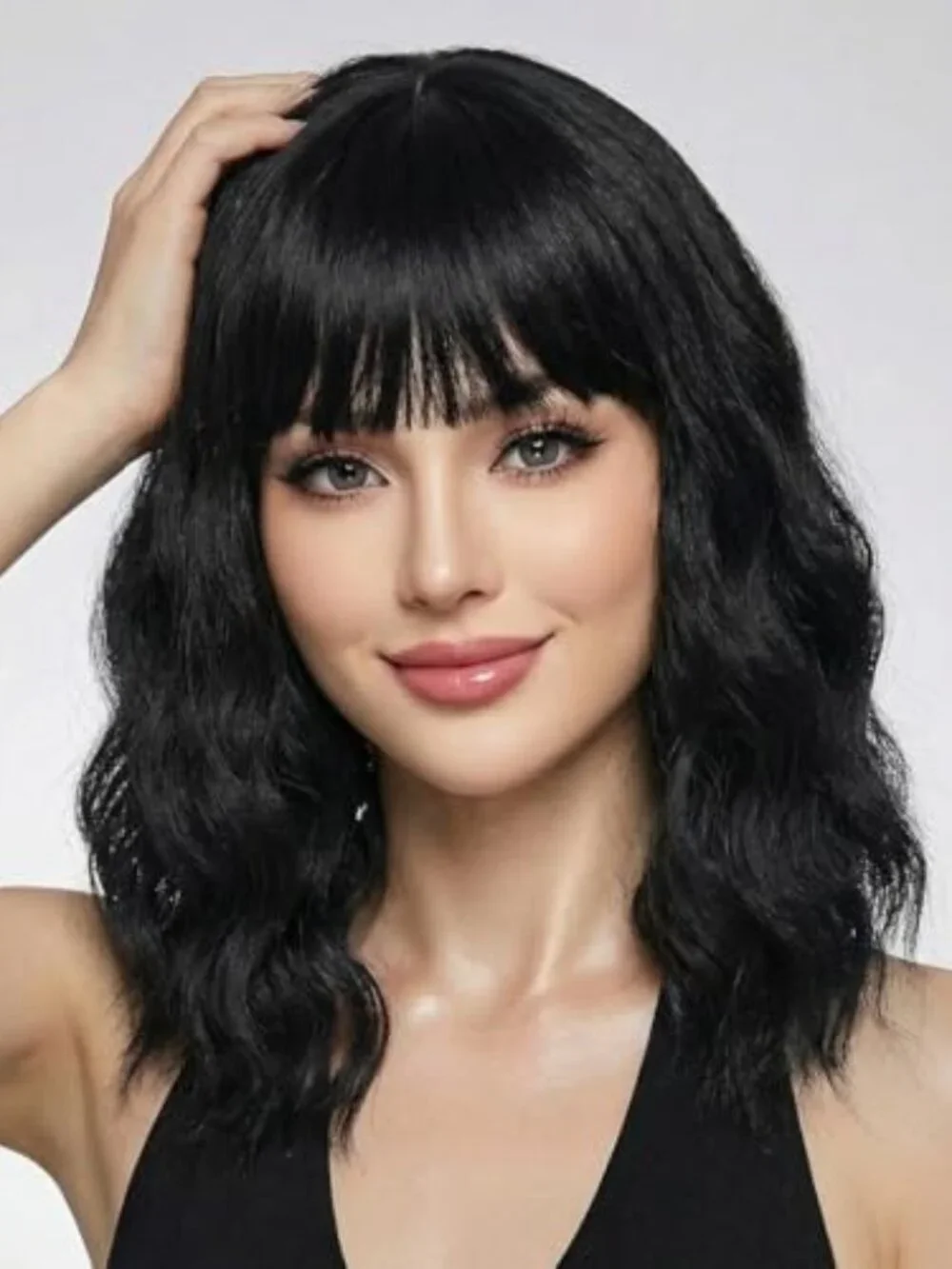 Pastel Black Wavy Bob Wig for Women, Short Shoulder‎ Length Synthetic Wig